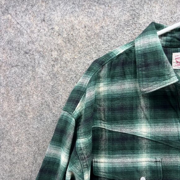 Levis Shirt Womens Medium Green Plaid Western Pearl Snap Flannel Shacket Heavy - Picture 4 of 11